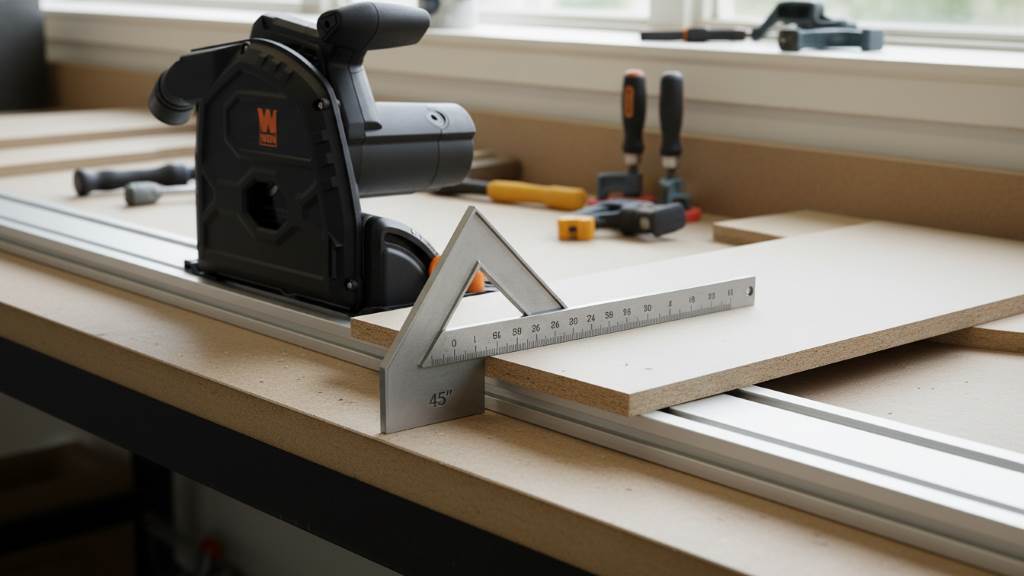 Testing bevel accuracy on WEN track saw with square checking 45-degree cut
