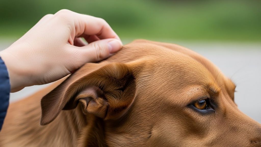 Close-up of human hand scratching behind ears of content brown dog showing signs of enjoyment and comfort