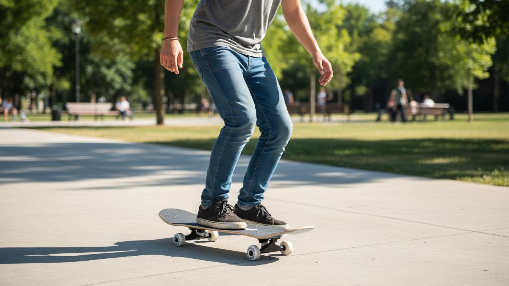 Beginner rider practicing balance and pushing on a complete skateboard in a park setting