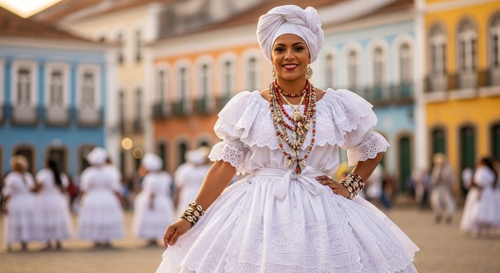 Traditional Brazilian white baiana dress with layered skirts and lace detailing reflecting African-influenced ceremonial fashion