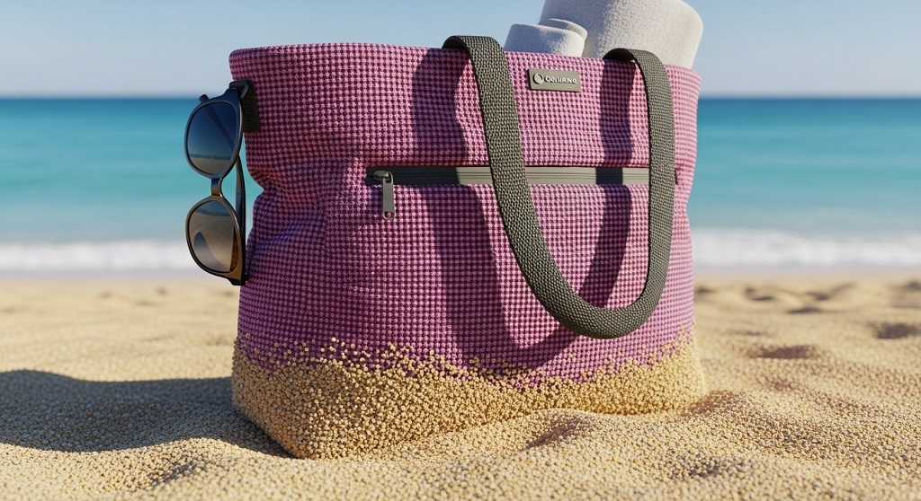 Family packing towels into waterproof sandproof beach bag