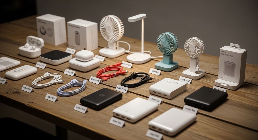 affordable tech gift items displayed neatly on a table