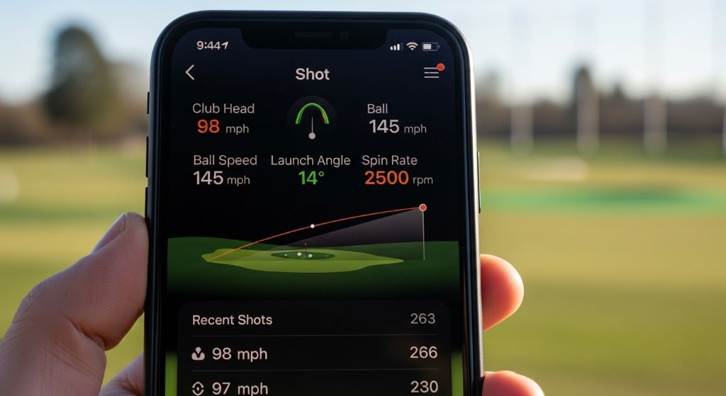Close-up of a smartphone displaying golf shot data from a connected affordable launch monitor app during an outdoor practice session