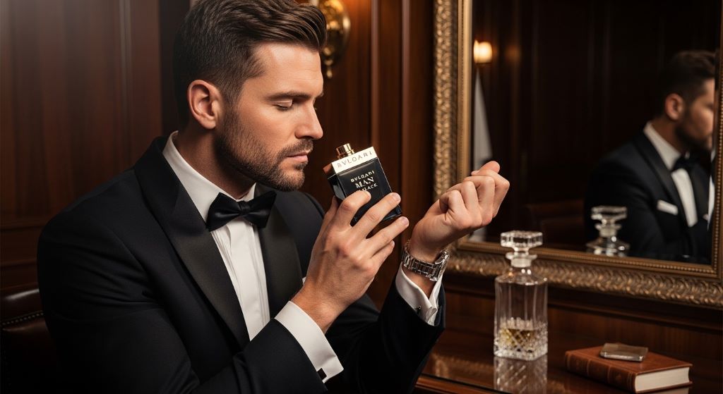 A man applying Bvlgari Man in Black fragrance to his wrist while dressed in formal evening attire