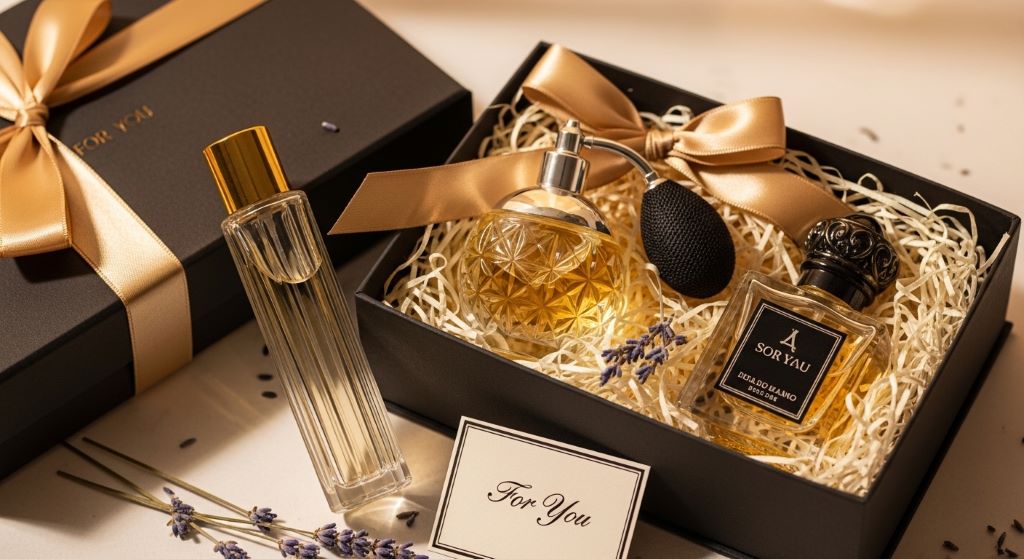 elegant perfume bottles arranged for gifting