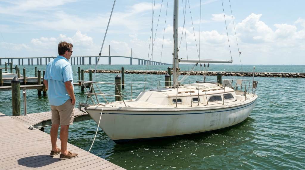 Coastal cruiser navigating shallow Tampa waters near Florida Gulf shoreline
