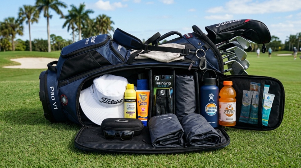 A well-organized golf bag laid open showing sun protection items, rain gloves, and hydration gear for a Florida round