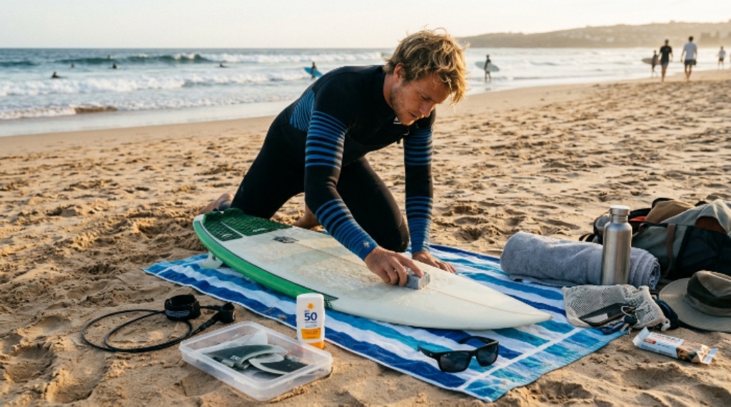 Surfer applying wax to a surfboard with must-have surf gear and beach essentials spread on the sand nearby