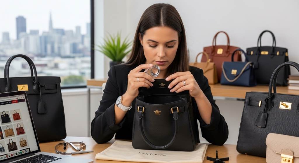 Luxury resale expert checking handbag serial code indoors