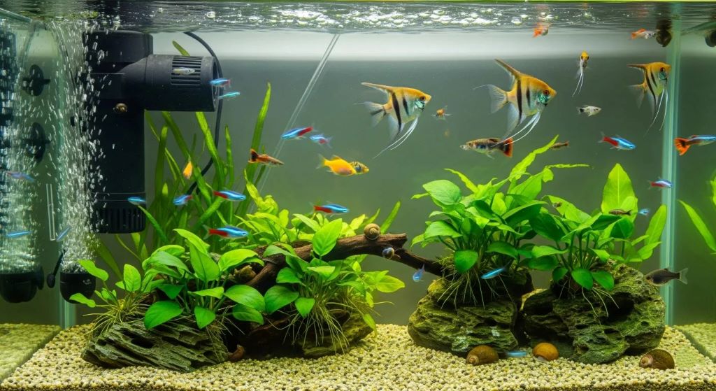 Close-up of a compact aquarium water pump with suction cups and outlet