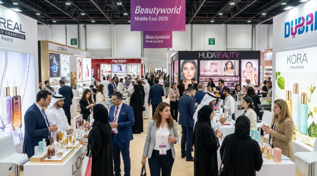 International beauty brand representatives and trade visitors exploring cosmetics and skincare exhibits at Beautyworld Middle East 2026 inside the Dubai World Trade Centre