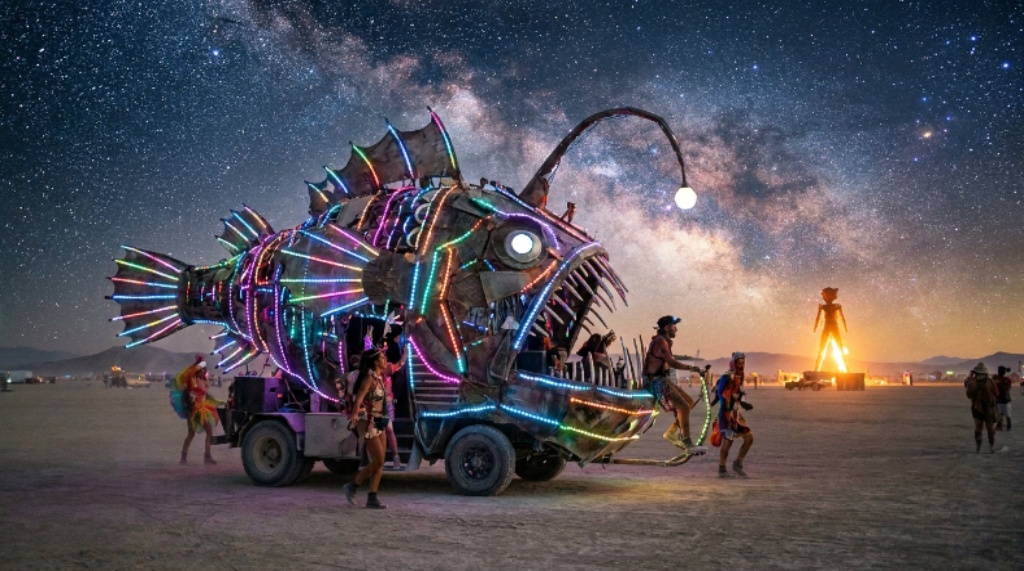A decorated mutant vehicle lit with LED lights cruising the playa at Burning Man 2026 under a starlit Nevada sky