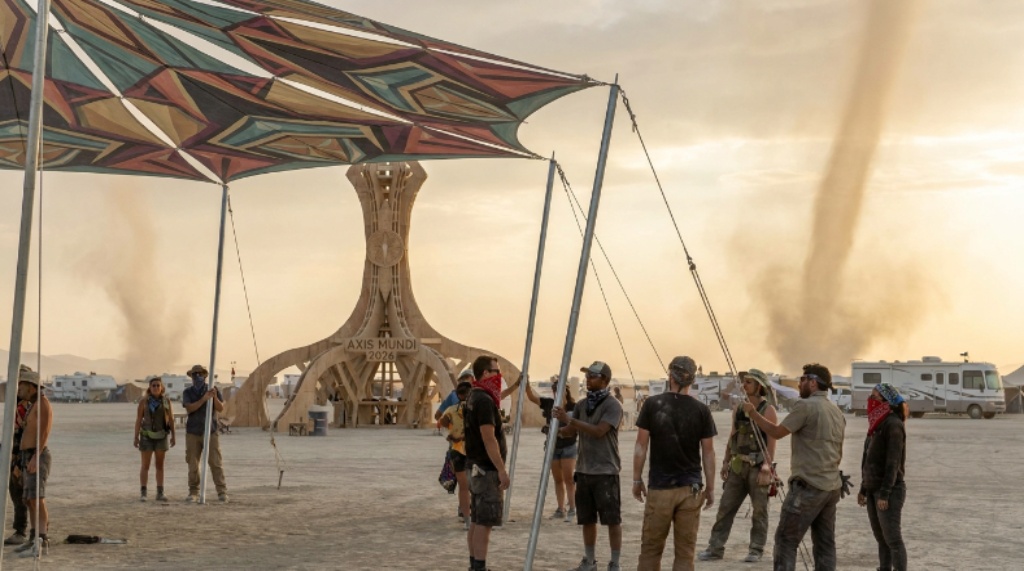 Participants setting up a shade structure at a theme camp in Black Rock City for Burning Man 2026 Axis Mundi