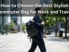 A professional carrying a stylish commuter bag while walking through a city street.