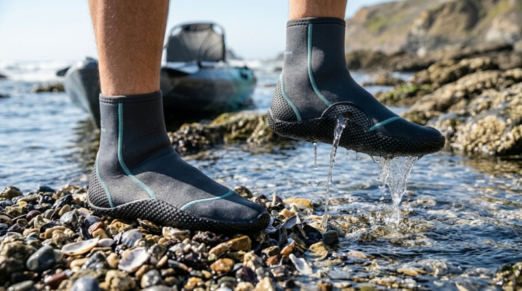 : Person wearing durable neoprene water socks walking on a rocky riverbed.