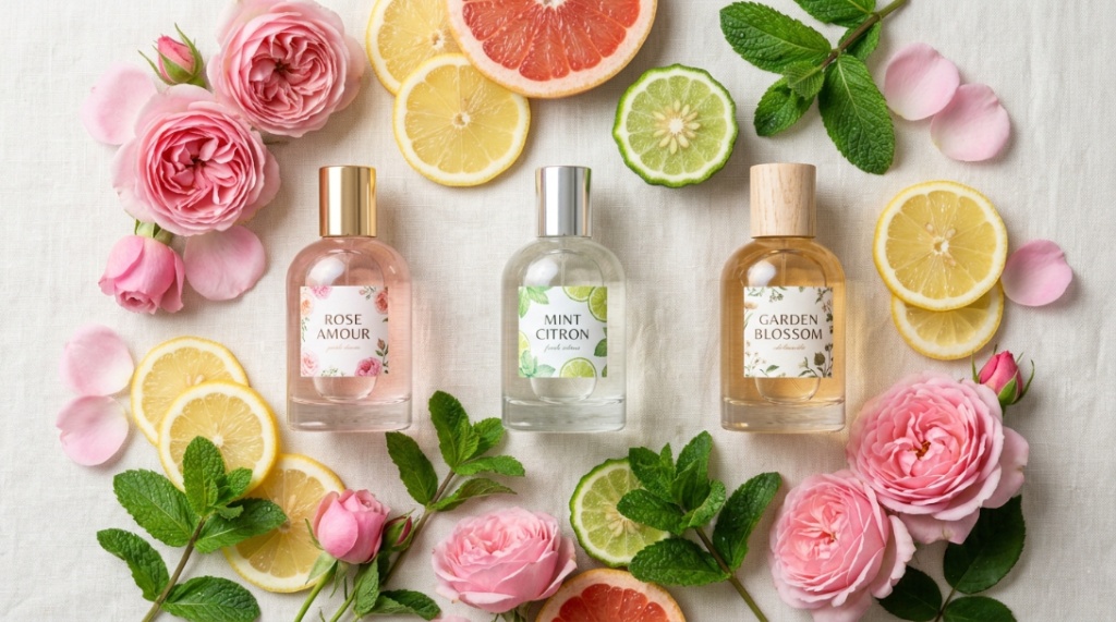 Three perfume bottles arranged neatly on linen fabric next to fresh roses and sliced citrus.
