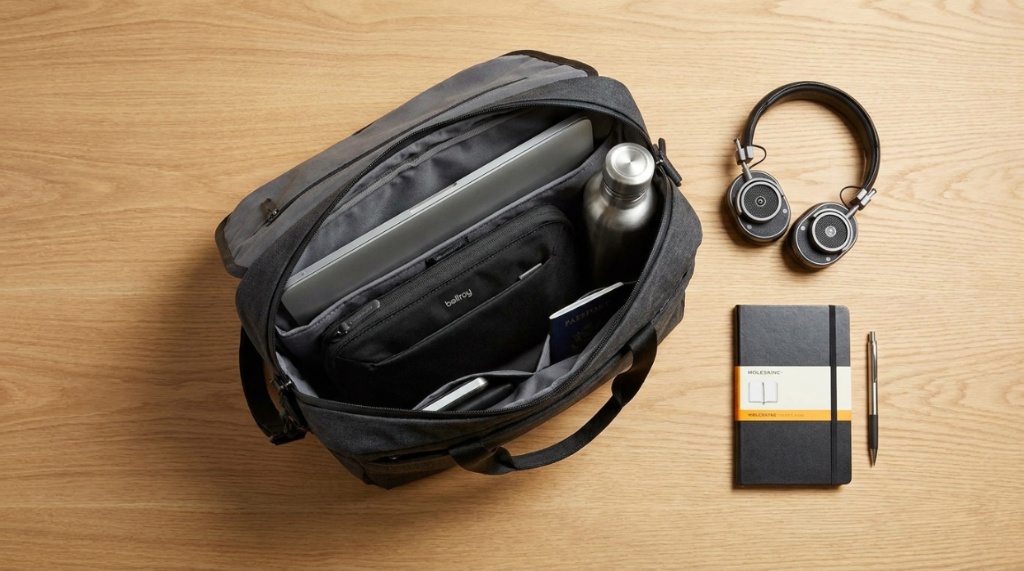 An open minimalist commuter bag organized with a laptop, tech gear, and travel essentials.