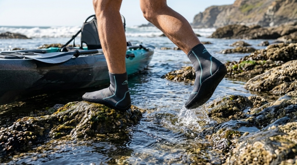 Flexible rubber grip sole of budget neoprene water socks on wet surface.