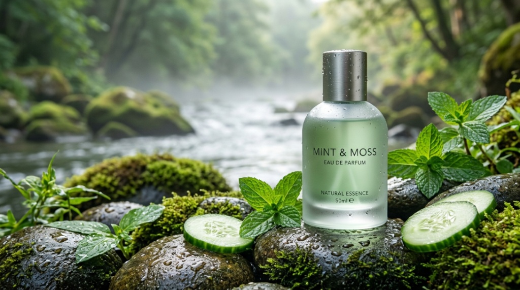A sleek frosted glass bottle resting on wet stones with mint leaves and water droplets.