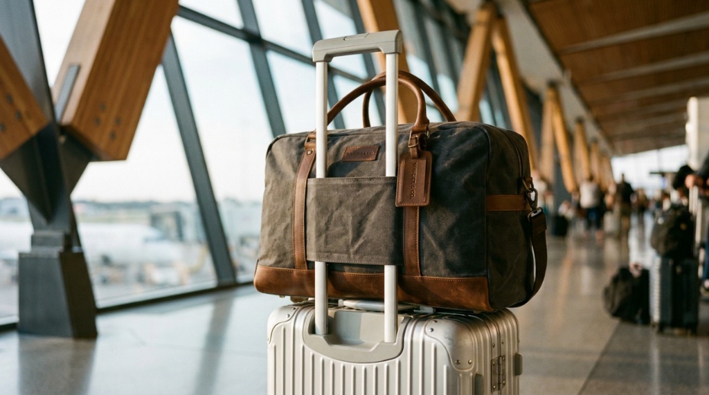 A stylish travel work bag attached to the handle of a rolling suitcase in an airport.