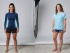 Woman wearing fitted rash guard next to woman in loose swim shirt.