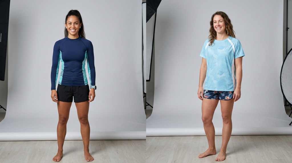 Woman wearing fitted rash guard next to woman in loose swim shirt.