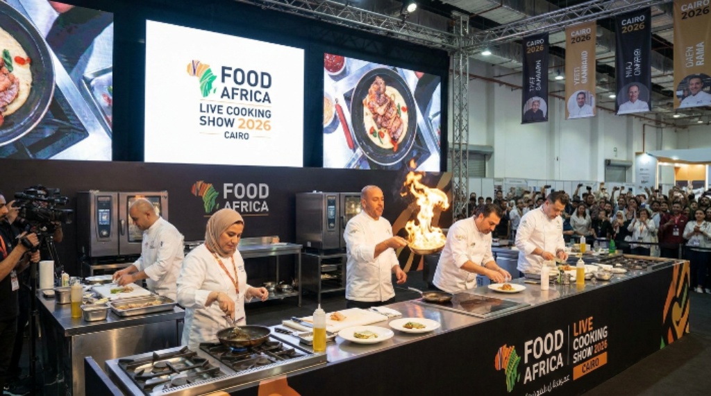 Top chefs cooking live on stage at Food Africa Live Cooking Show 2026 Cairo