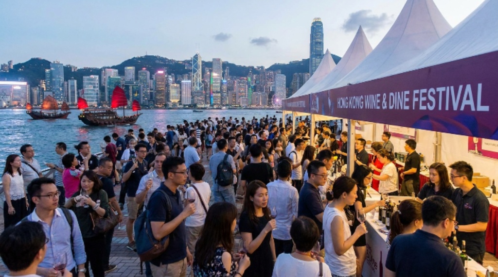 Wine tasting at Hong Kong Wine Dine Festival with Victoria Harbour view