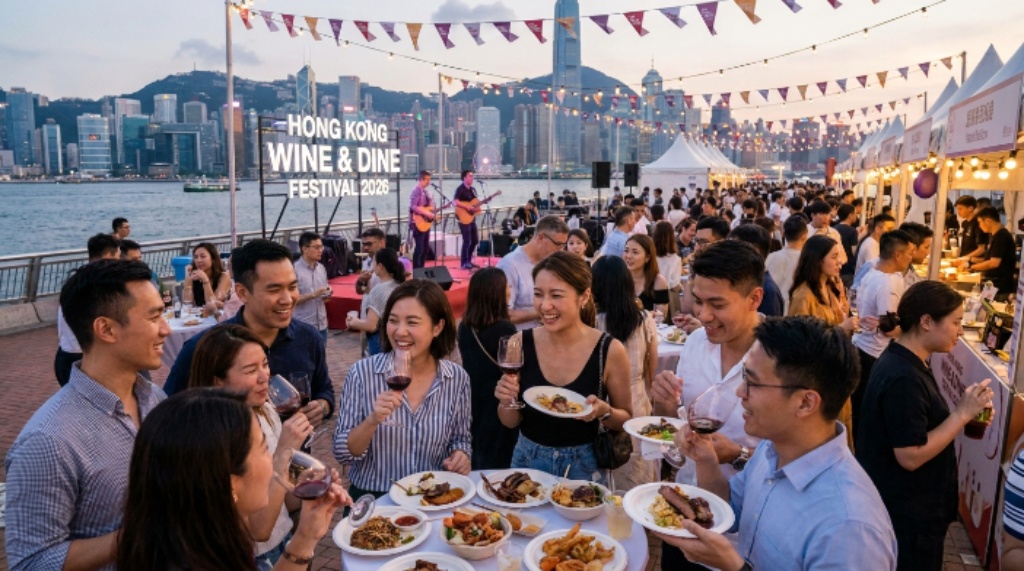 Crowd enjoying food and wine at Hong Kong Wine Dine Festival October 2026