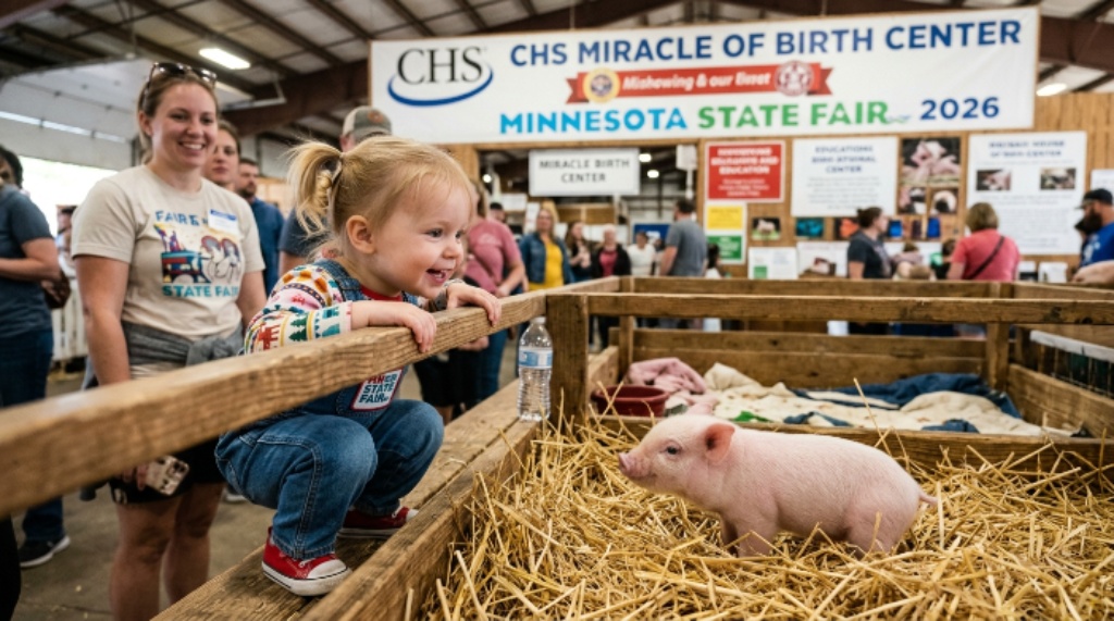 A toddler meeting a newborn piglet at the CHS Miracle of Birth Center during the Minnesota State Fair 2026 in Falcon Heights, St. Paul