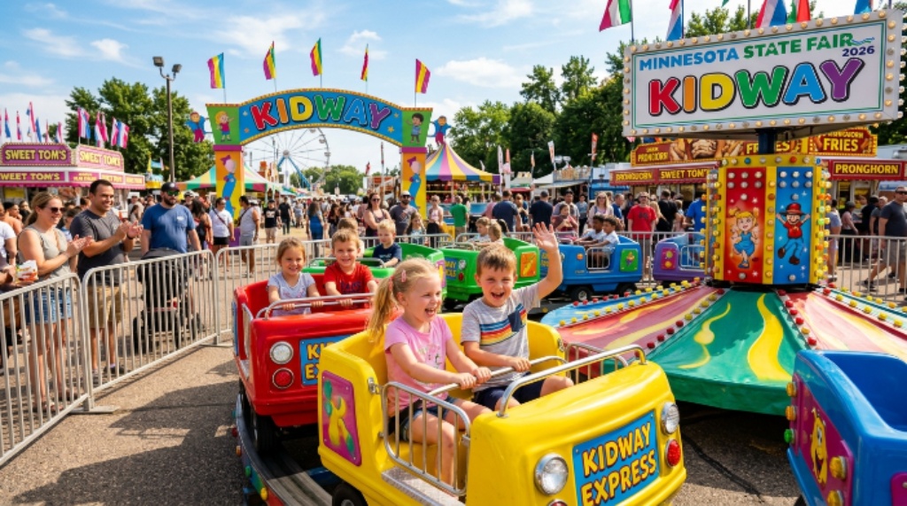 Children riding colorful Kidway rides at the Minnesota State Fair 2026 on a sunny August afternoon at the St. Paul fairgrounds
