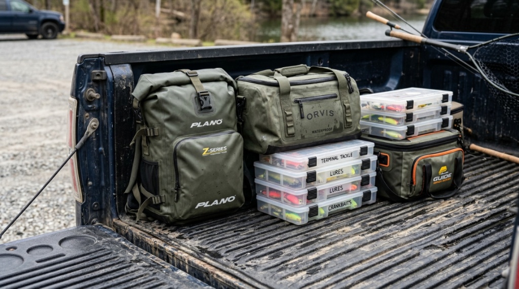 Waterproof fishing storage boxes neatly arranged inside a truck bed.