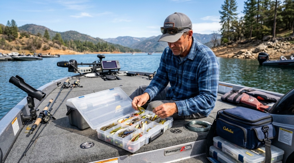 Angler organizing tackle gear inside a storage box on a California boat.
