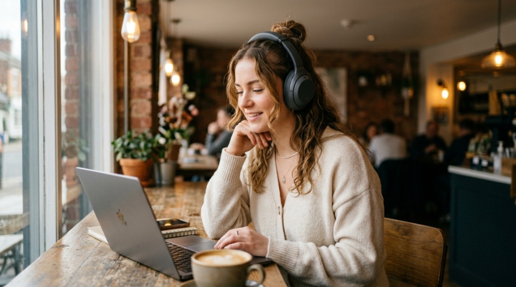 Traveler wearing lightweight headphones comfortably while sitting on a train.