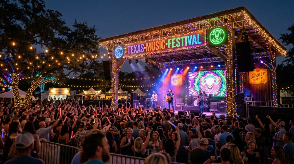 Colorful festival stage setup with string lights at an outdoor Texas music event