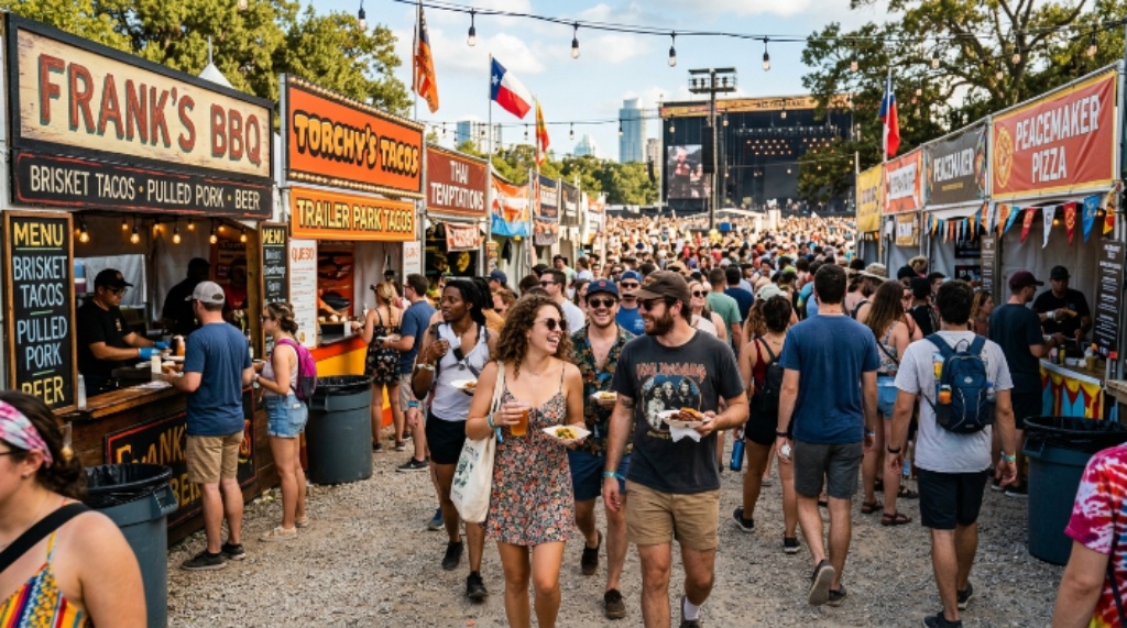 Fans walking through food vendor booths at an Austin music festival