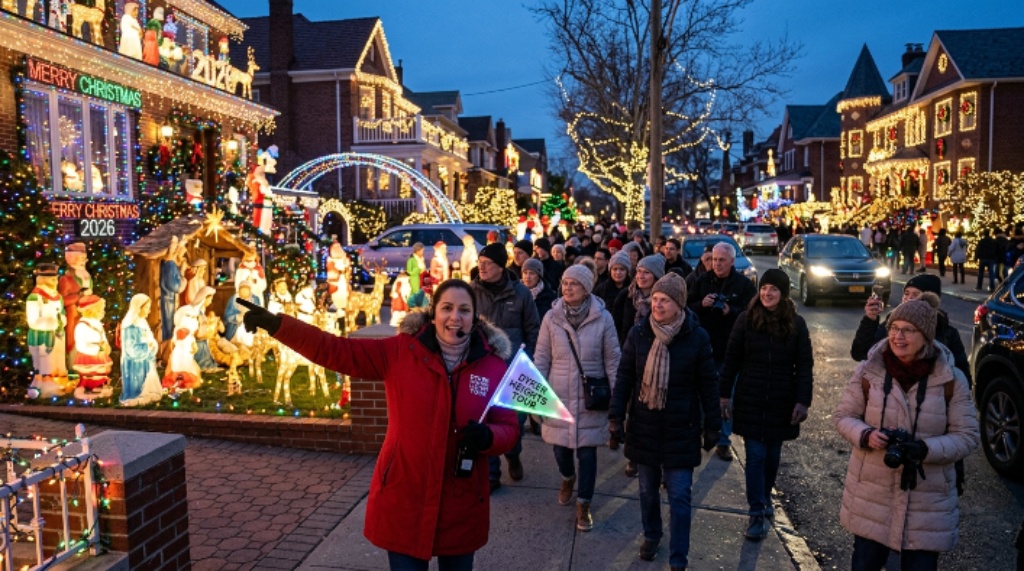 A tour group following a local guide through the brightly decorated streets of Dyker Heights, Brooklyn, during the 2026 Christmas lights season at dusk