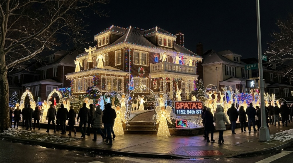 The iconic Spata House at 1152 84th Street in Dyker Heights lit up with glowing angels and thousands of Christmas lights during the 2026 holiday season