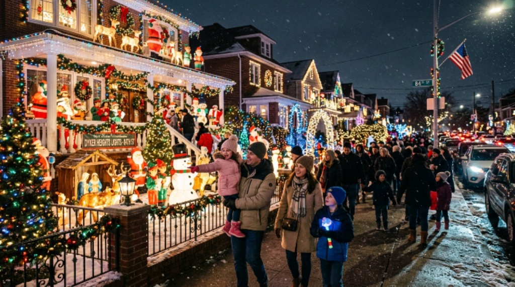 Families walking past elaborately decorated houses covered in Christmas lights and animated figures on 84th Street in Dyker Heights, Brooklyn, in December 2026