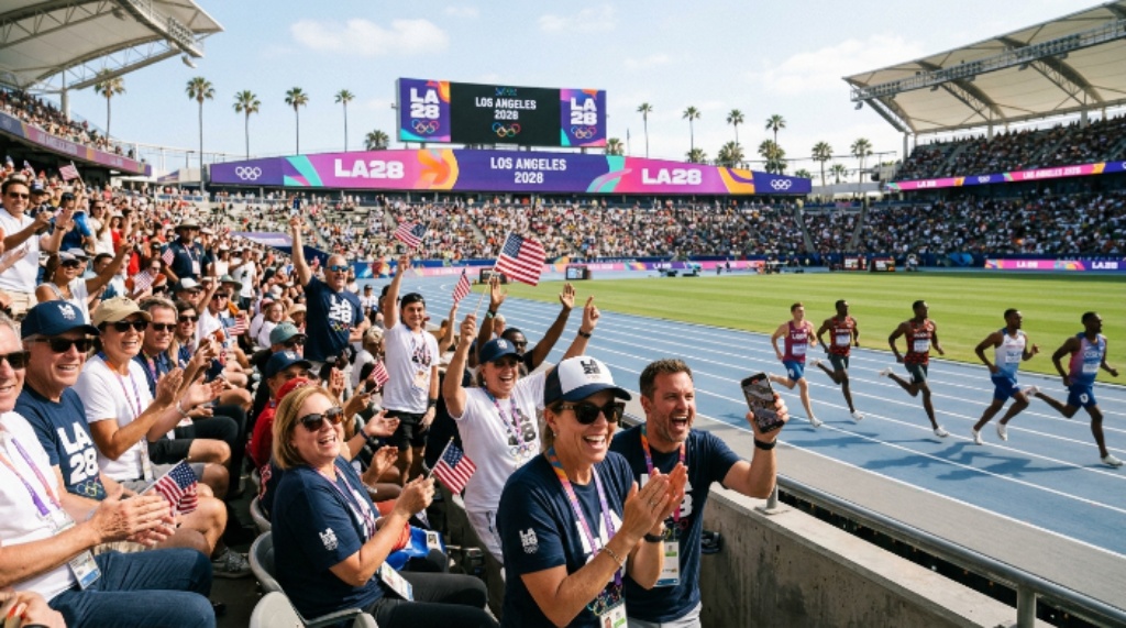 Spectators enjoying an LA28 Olympic event with athletes competing in the stadium