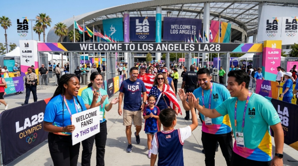 LA28 Olympics volunteers welcoming fans at a Los Angeles Olympic venue.