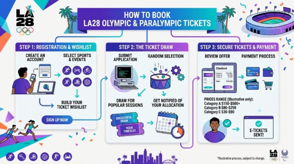 LA28 Olympic ticket booking process showing prices, ticket draw, and registration steps