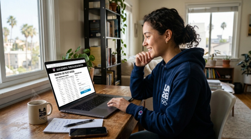 Fan viewing LA28 Olympic ticket prices and registration information on a laptop