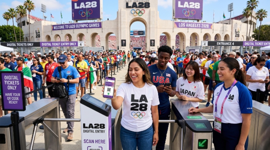 Spectators at an Olympic venue illustrating the LA28 ticket purchasing and entry experience