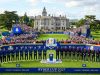 Team Europe and Team USA players lined up on the first tee at The Golf Course at Adare Manor for the opening ceremony of the 2027 Ryder Cup in County Limerick, Ireland