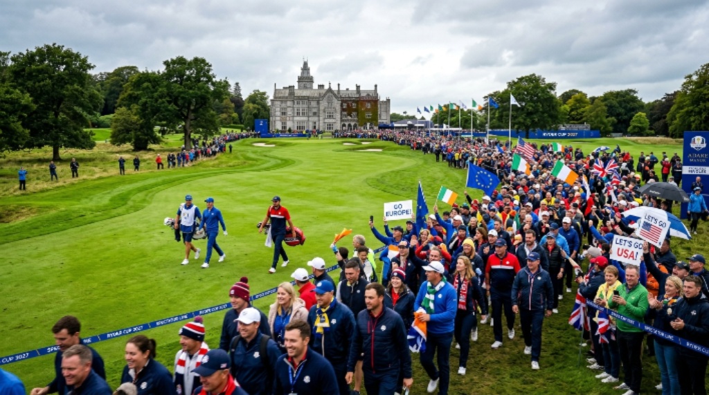 A packed gallery of fans following players down the fairway during the singles matches on the final day of the 2027 Ryder Cup at Adare Manor, Ireland