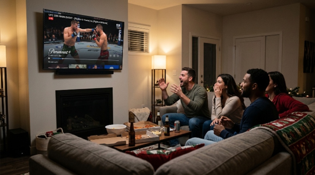 MMA fans watching the UFC 335 main card live on Paramount+ streamed on a television in a home setting in December 2026