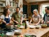 Friends cooking together in a home cooking club kitchen