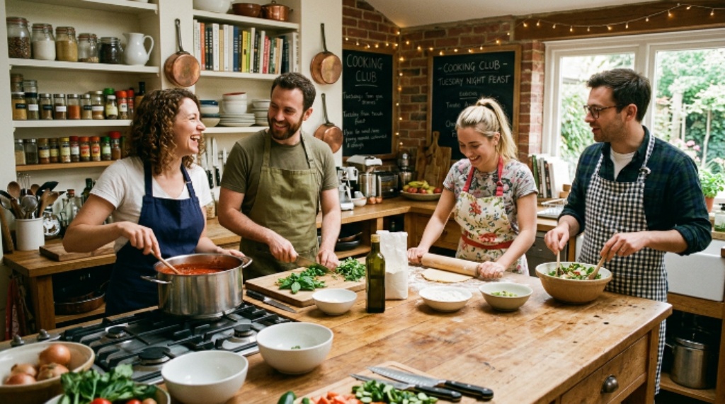 Friends cooking together in a home cooking club kitchen