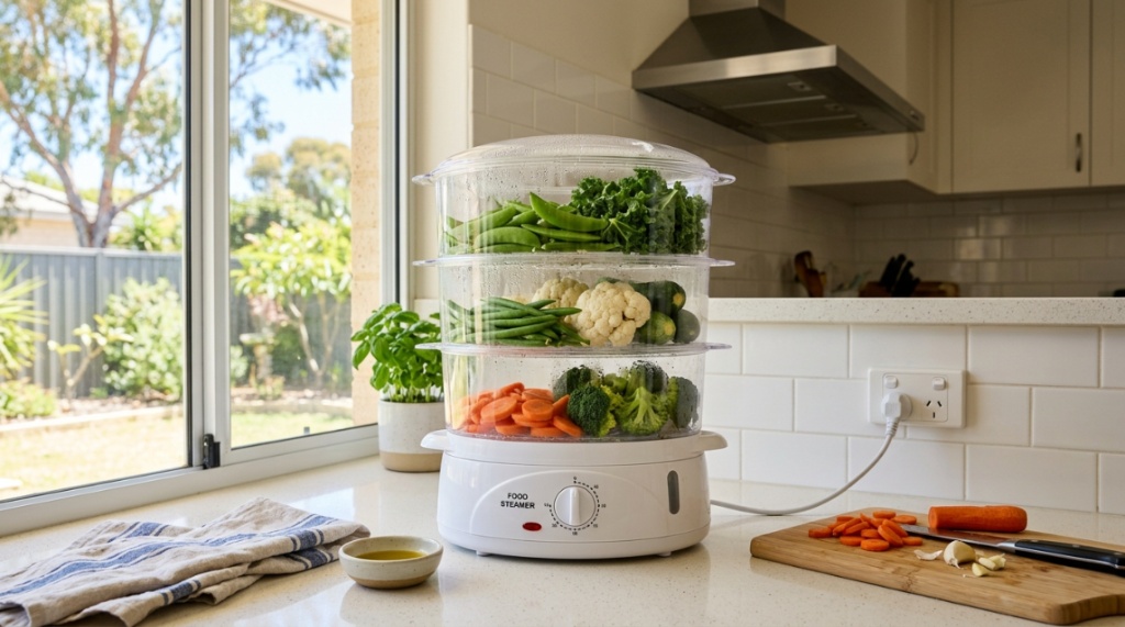 A modern electric food steamer filled with fresh vegetables on a kitchen counter.